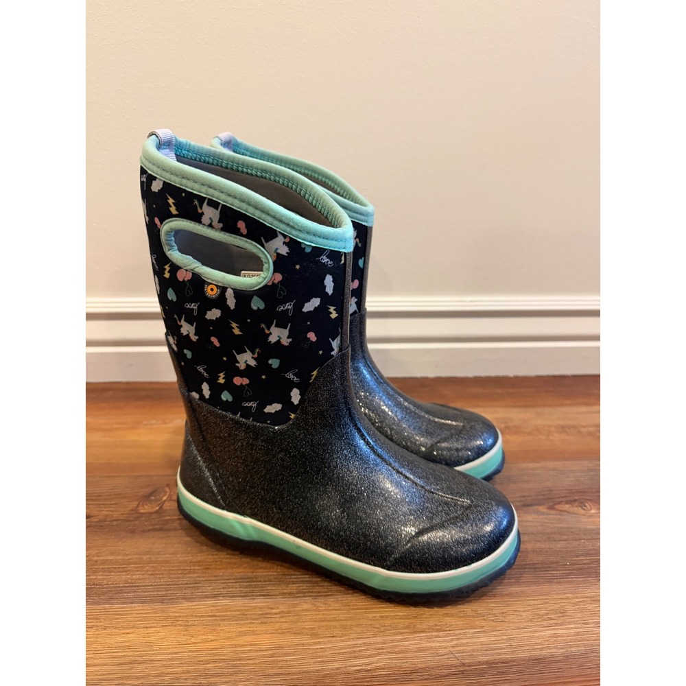 Bogs Classic Pegasus Kids Youth 6 Waterproof Insulated Rain Boots Black Glitter